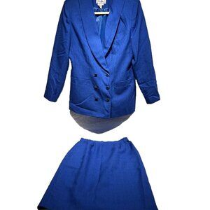 CHRISTOPHER 2-Piece Suit Jacket Skirt Blue Textured Gold Buttons Size 9/10 Lined